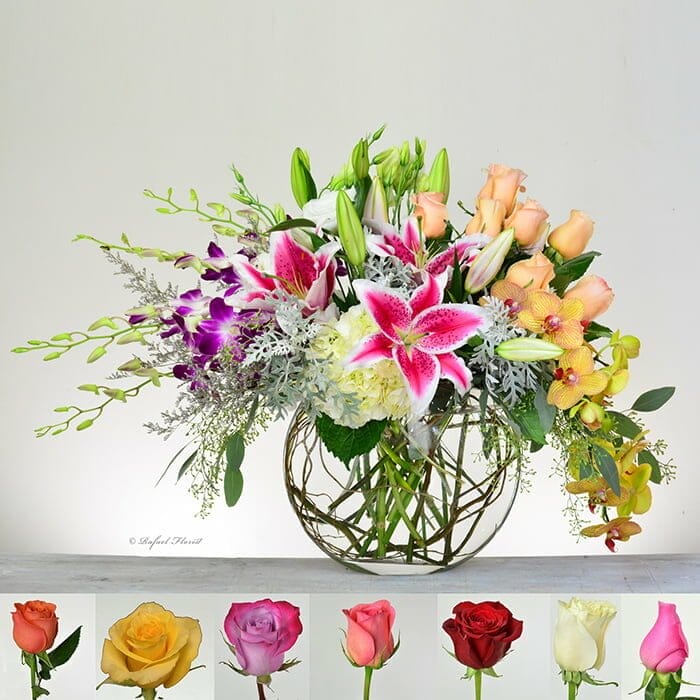 peach rose orchids flower arrangement - San Rafael Florist - Flower Delivery