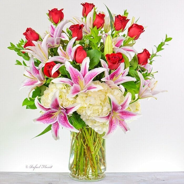 red roses and stargazer lilies floral arrangement - Best Florist in Marin County