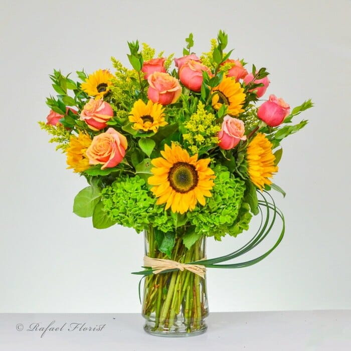 Orange roses and sunflowers flower arrangement - Best Florist in Marin County