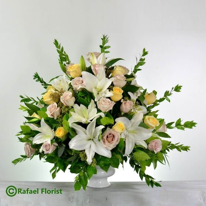 Peach and white flowers for funeral service