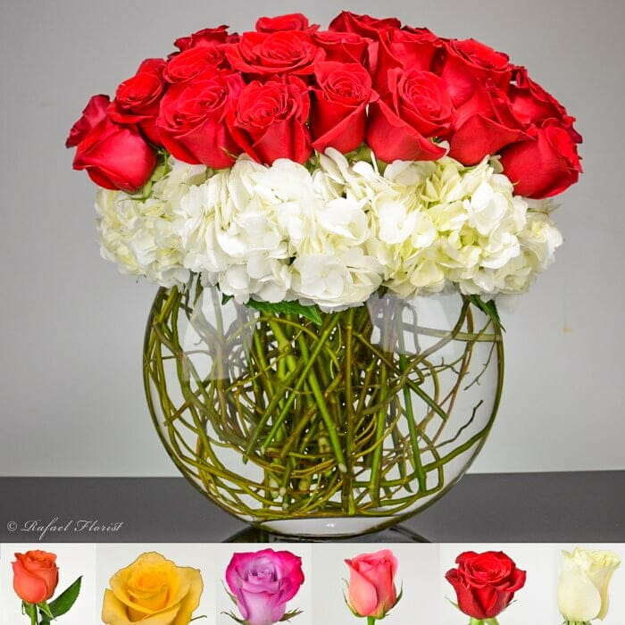 Contemporary red roses and white hydrangea flower arrangement