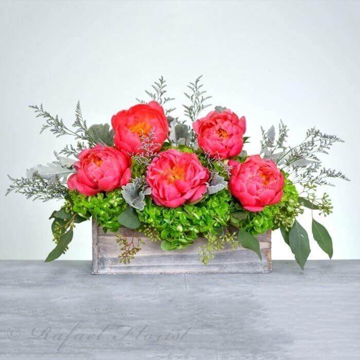 a96c3d79 coral peonies and green hydrangeas shabby chic wooden - Best Florist in Marin County