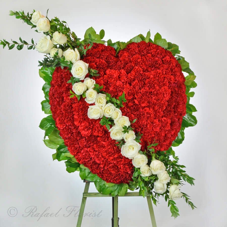 Red and White Heart Shaped Funeral Flowers