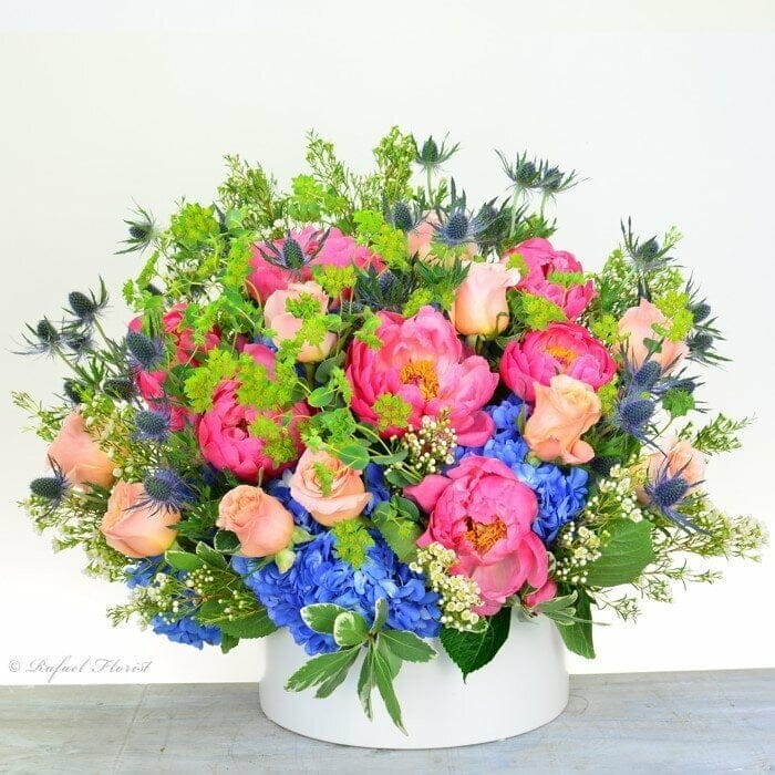 peony and blue hydrangea floral centerpiece - San Rafael Florist - Flower Delivery