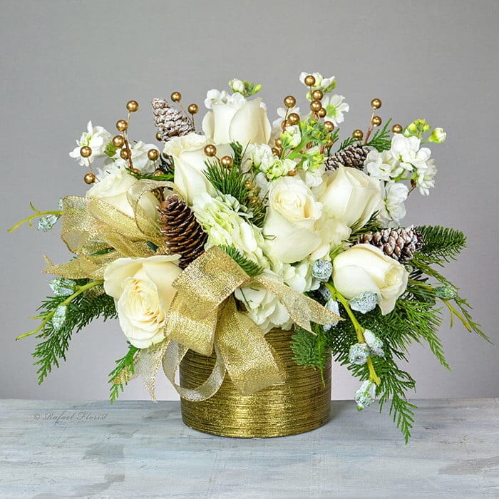 Gold And White Floral Design For Christmas With Pine Cones & Golden Berries