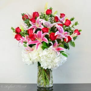 Romantic floral arrangement of premium red rose and fragrant