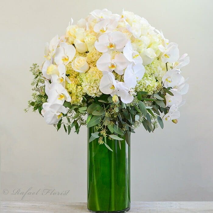 White Tall arrangement with orchids roses hydrangea leaves - San Rafael Florist - Flower Delivery