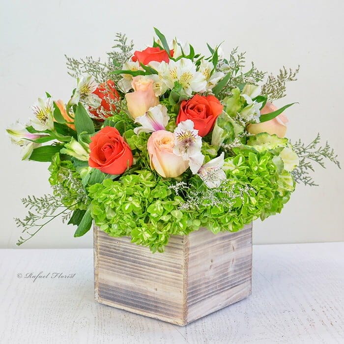 Rustic floral centerpiece green hydrangeas peach roses - Succulent delivery sf