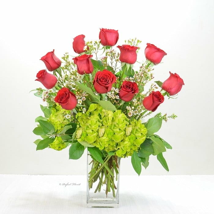 Romantic Valentine roses and green hydrangeas, artfully designed