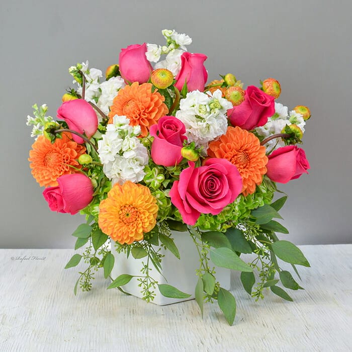 Dahlias roses flower centerpiece - San Rafael Florist - Flower Delivery