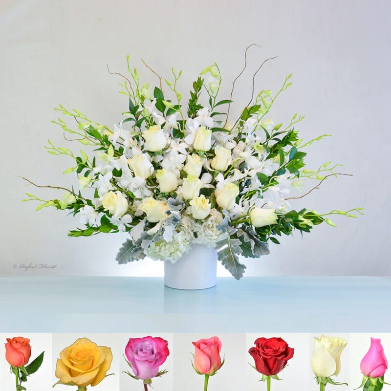 white orchid and rose centerpiece - Florerias san rafael